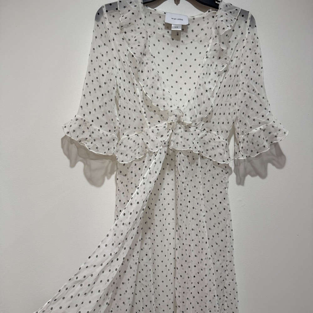We Are Leone Sheer Ruffle Maxi Robe Dress White Polka Dot Star S/M Resort Vacati - Picture 10 of 16